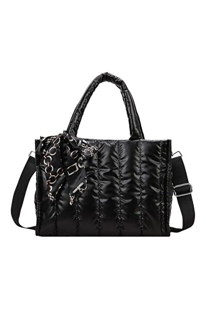 Ecrou Black Shiny Quilted Inflatable Silk Scarf Crossbody Shoulder Bag