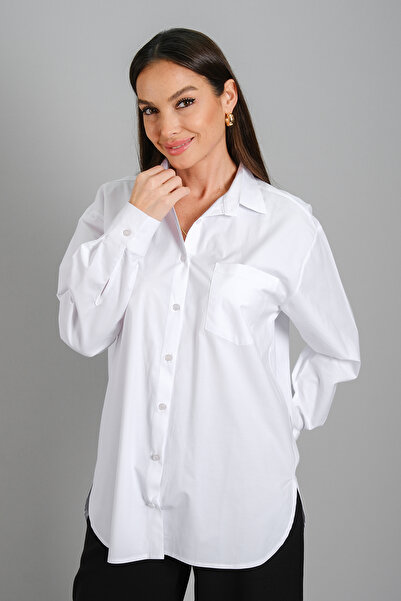 SWEETNESS Cămașă albă cu mânecă lungă din bumbac lycra supradimensionată pent...