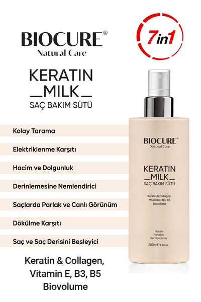 Biocure Keratin Sütü Collagen Saç Bakım Sütü, Saç Spreyi Hacim, Parlaklık Nemlendirme Kolay Tarama 250ml.