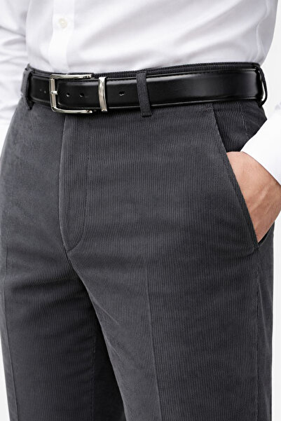 Varetta Men's Dark Gray Velvet Trousers Slim Ribbed Classic Cut with Pockets