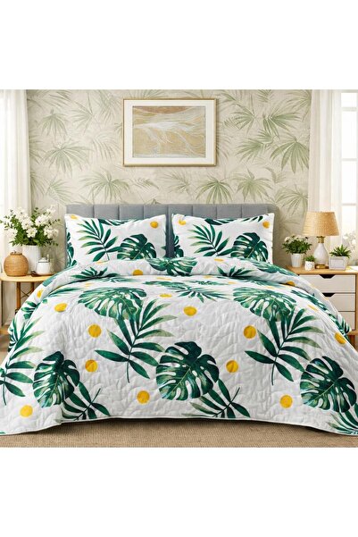 Eponj Home Battal Boy Kapitone Yatak Örtüsü Çok Amaçlı Monstera Yeşil