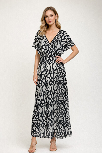 MIARTE Чорно-біле плаття з візерунком, спинка з сіткою, рукави з воланами та ...