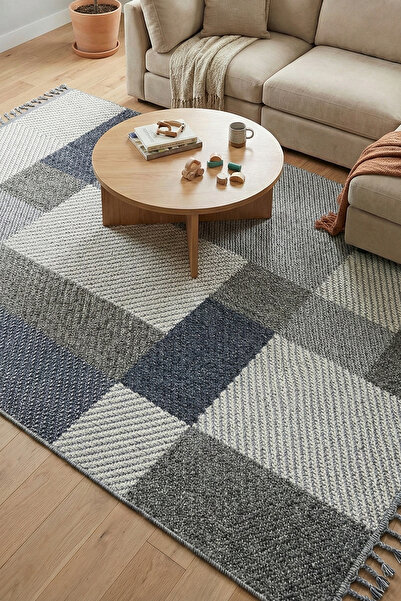 HalınıAl Bukle 1403 Gri Mavi - Şık Renk Geçişli Oturma Odası Halısı