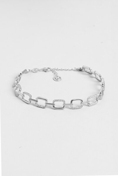 So CHIC... Beyaz Taşlı 18 Ayar Beyaz Altın Kaplama 19 Cm Gümüş Zincir Bileklik