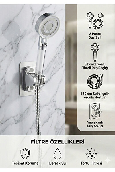 Plodna House Rose Beyaz Başlıklı Duş Seti 5 Fonksiyonlu Filtreli Başlık