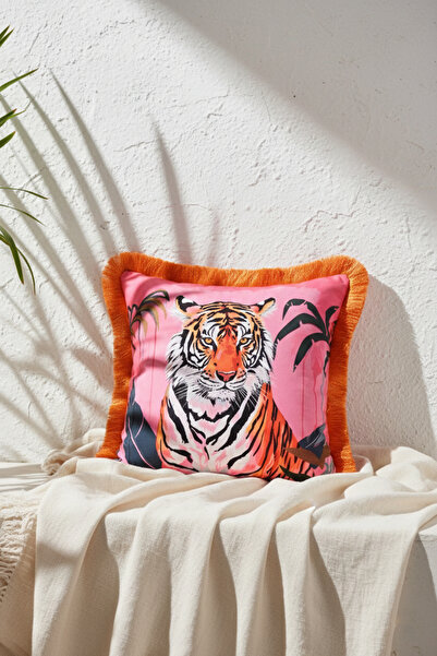 decofav Husă de pernă decorativă cu franjuri din catifea roz cu model tigru 4...