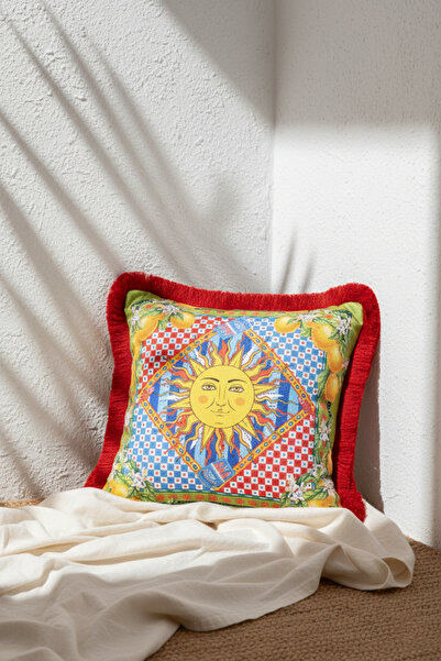 decofav غطاء وسادة مخملي مزين بشراشيب من سول دي سيتشيلي بتصميم شمسي أخضر - مق...