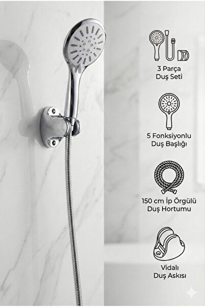 Plodna House Tayzikli Yüksek Basınçlı 5 Fonksiyonlu Siyah Krom Duş Başlığı 1,...