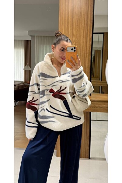 Mzr Collection KADIN KAYAK DESEN SUNİ YÜN FERMUARLI CEPLİ SWEATSHİRT