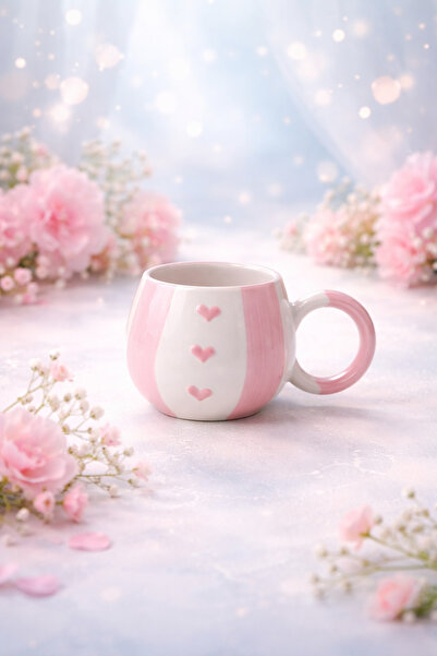 KYA CERA Pembe Şeritli Pembe Kalp Kabartmalı Tekli El Yapımı Kupa