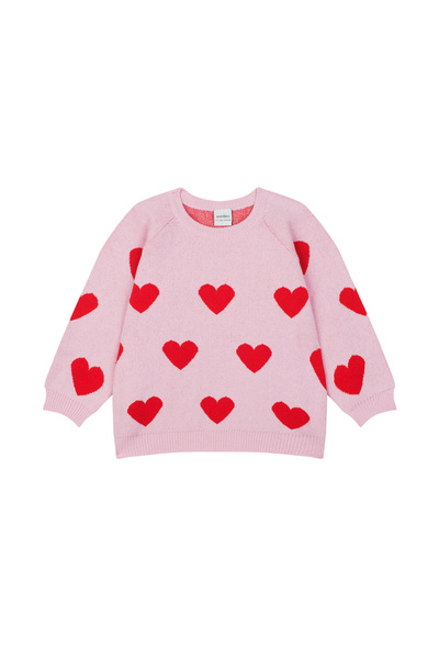 Antebies Pink Heart Patterned Knitwear Girl's Sweater