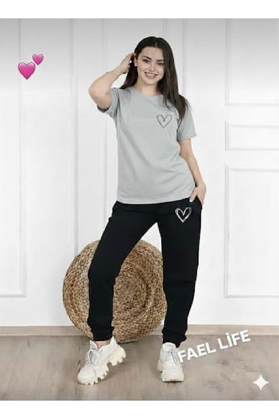 FAEL LİFE Women'S/Men's Wide Cut T-Shirt Tracksuit Minimal Heart Printed Set