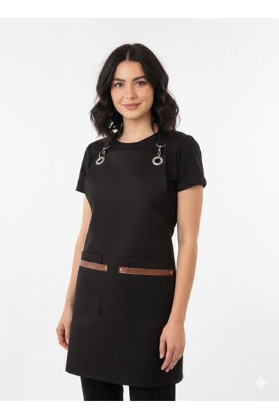 önlüknoktası مريلة باريستا مخططة من الجلد الصناعي الأسود مع حزام للرقبة