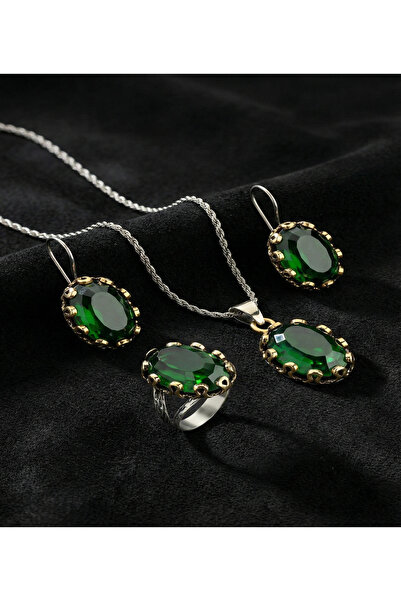 Roza Silver Zümrüt Taşlı Otantik Gümüş Kadın Set