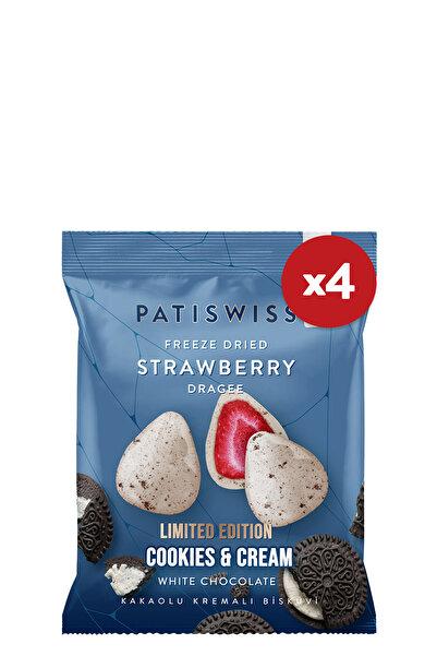 Patiswiss Beyaz Çikolatalı Kremalı Bisküvi Çilek Draje, 50g X 4 Adet