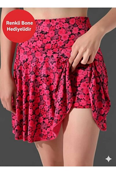 SUERTO DESENLİ Kadın Yüksek Bel Şortlu Etek & Spor Etek Esnek Kumaş