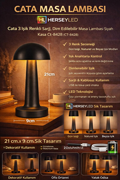 Cata 3 Işık Renkli Şarjlı Dim Edilebilir Masa Lambası Siyah Kasa Ct-8428