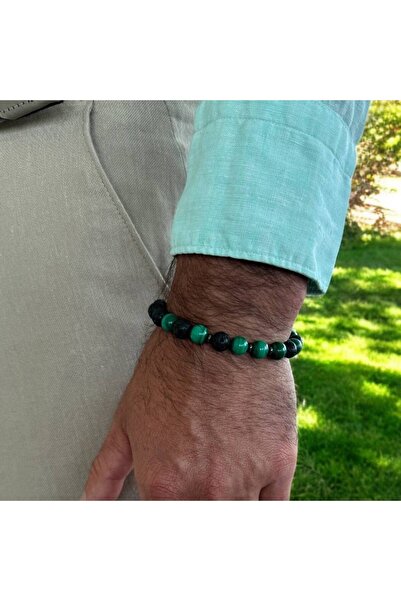 Ezera Brățară bărbătească lucrată manual, piatră vulcanică și malachit, mărge...