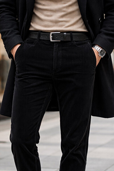 Varetta Men's Black Velvet Trousers with Ribbed Classic Cut and Pockets