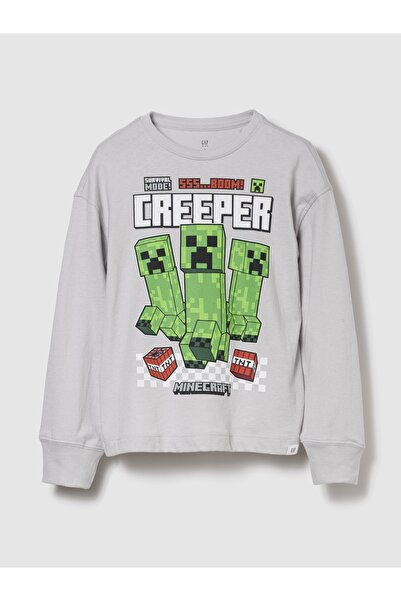 GAP Erkek Çocuk Açık Gri Minecraft Grafik Baskılı T-Shirt