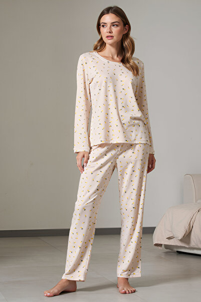 Pijahane Limon Desenli Sarı Pijama Takımı Kadın Uzun Kollu Rahat Ev Giyim
