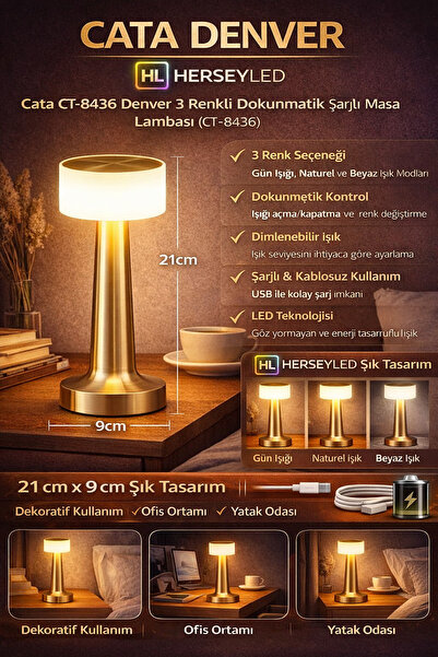 Cata CT-8436 Denver 3 Renkli Dokunmatik Şarjlı Masa Lambası