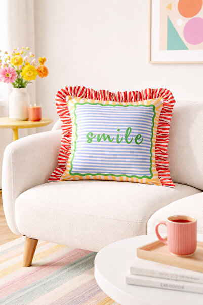 RİTMOHOME Smile Çizgili Fırfırlı Vintage, Country, Iskandinav, Bohem 50x50 De...
