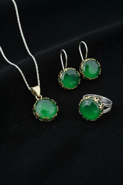 Roza Silver Zümrüt Taşlı Lale Motifli Yuvarlak Otantik Gümüş Kadın Set