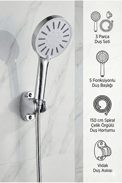 Plodna House Güneş 5 Fonksiyonlu Duş Başlığı Mafsal Ve 150cm Güçlü hortum Duş...