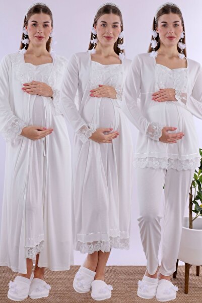 ByLohusa Pamuklu Emzirme Özellikli Rahat Kesim Hamile Lohusa Set Effortt - Ekru