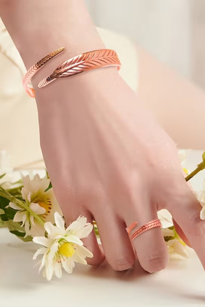 ERALLUX 100% Pure Copper Bracelet and Ring with Feather Detail, Expandable & ...