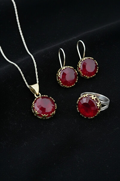 Roza Silver Lal Taşlı Lale Motifli Yuvarlak Otantik Gümüş Kadın Set