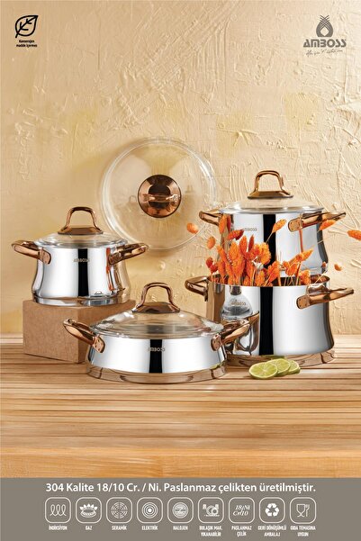 Amboss Oregon 8 Parça Paslanmaz Çelik İndüksiyon Tabanlı Cam Kapaklı Tencere ...