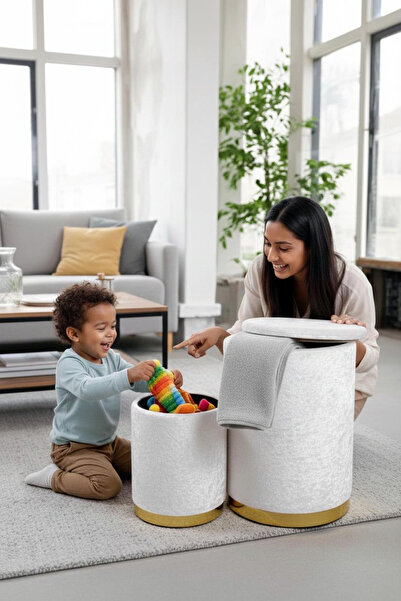 Arte Cotone 2'li Bej Kadife Kumaş Dekoratif Silindir Sandıklı Puf Seti