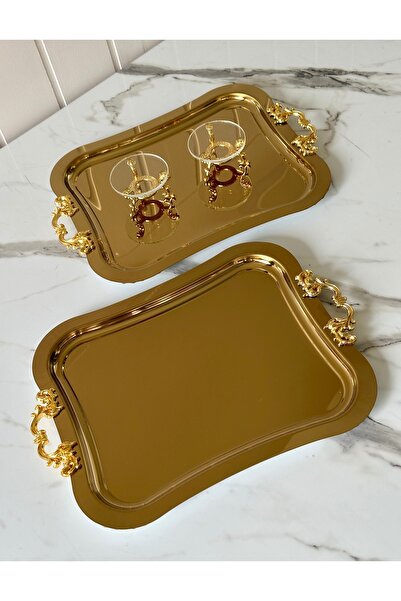 Melinda ÇIKARILABİLİR KULP DETAYLI GOLD RENK SERVİS SUNUM SÖZ NİŞAN TEPSİ SET...