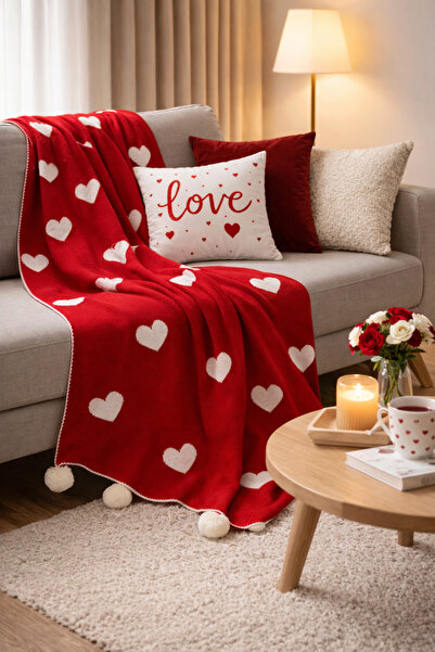 Arca Weaving Sevgililer Günü Özel Kalp Desenli Çift Taraflı Triko Tv Battaniye