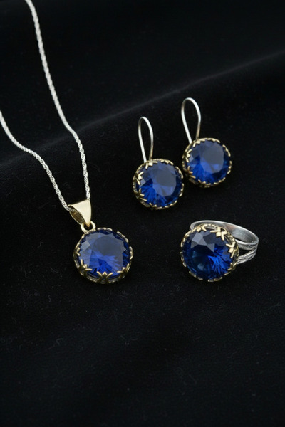 Roza Silver Safir Taşlı Lale Motifli Yuvarlak Otantik Gümüş Kadın Set