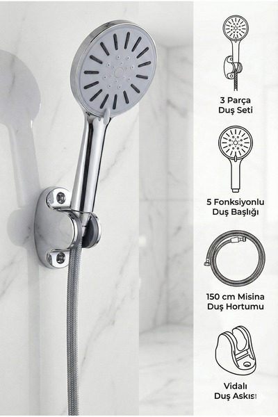 Plodna House Güneş 5 Fonksiyonlu Duş Başlığı Mafsal Ve 150cm Güçlü hortum Duş...