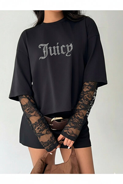 Bozz&Bozz Collection Unisex Oversize Crystal Stone Print Juicy Lace Sleeve Ro...