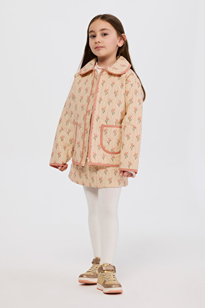 Panço Kız Çocuk Lale Desenli Cepli Kapitone Bej Ceket