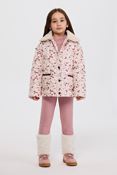 Panço Girl's Detachable Collar Fur Detailed Floral Patterned Lined Ecru Coat
