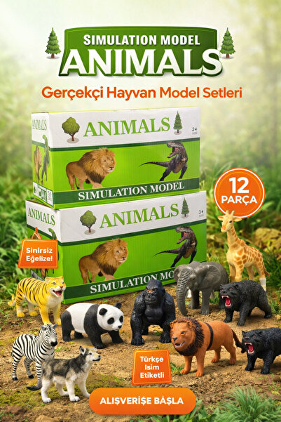 Canland 12’li Vahşi Hayvan Figürleri Seti | Kaplan, Aslan, Fil, Zürafa, Panda...