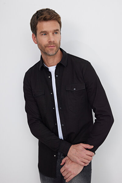 Tudors Erkek Slim Fit Dar Kesim Uzun Kollu Denim Kot Çift Cep Çıtçıtlı Siyah ...