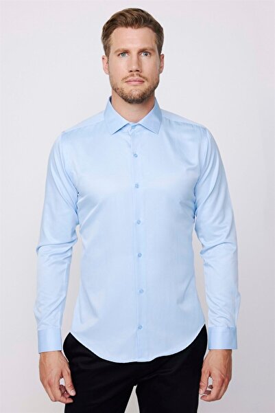 Tudors Slim Fit Uzun Kollu Pamuklu Düz Erkek Mavi Gömlek
