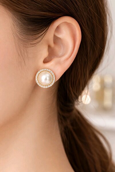 mos&more Gümüş Zirkon Taşlı Incili Düğme Kadın Küpe