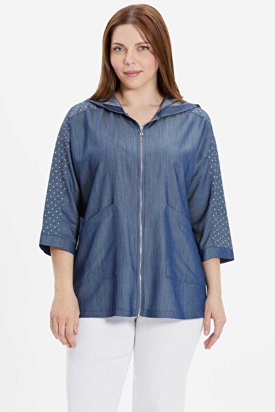 Selen Giyim Büyük Beden Kolları Puantiye Önü Fermuarlı Ceket / İNDİGO