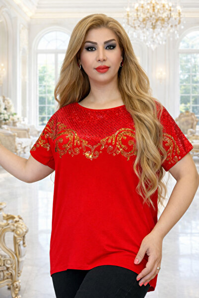 Yeşilmoda Blouse Cotton Yarn Fabric Summer Women Short Sleeve Red Collar Deta...