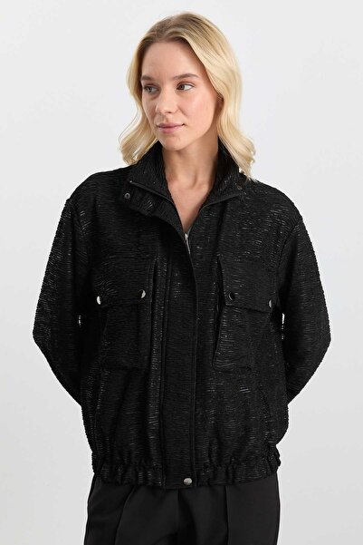 Selen Giyim Dıştan Cep Kendinden Simli Ceket / SİYAH