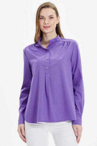 Selen Giyim Hakim Yaka Omuzları Büzgülü Üç Düğme Bluz / MOR