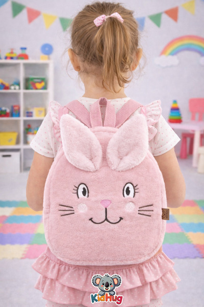 KidHug Pembe Tavşan Nakışlı Yumuşak Peluş Anaokulu – Kreş Çantası 0–8 Yaş Çoc...
